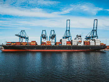 cargo vessel, moored, sea, Port of Baltimore, cranes, containers, bright blue sky, cargo ship, water, port, shipping
