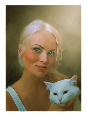 ritratto, fantasia, animale domestico, animale, ritratto di fantasia, ragazza, gatto, ragazza e gatto, gatto bianco, bionda, bello