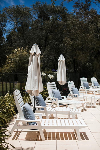lehátka, zelený park, během dne, Relaxační bazén, Bílé Loungers, deštníky, Letní relaxace, venkovní posezení, zahradní nábytek, výhled do zahrady, rekreační oblasti