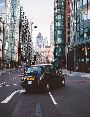 black vehicle, London streets, classic black taxi, iconic skyscrapers, cityscape, urban scene, Gherkin building, navigation, road, traffic, architecture