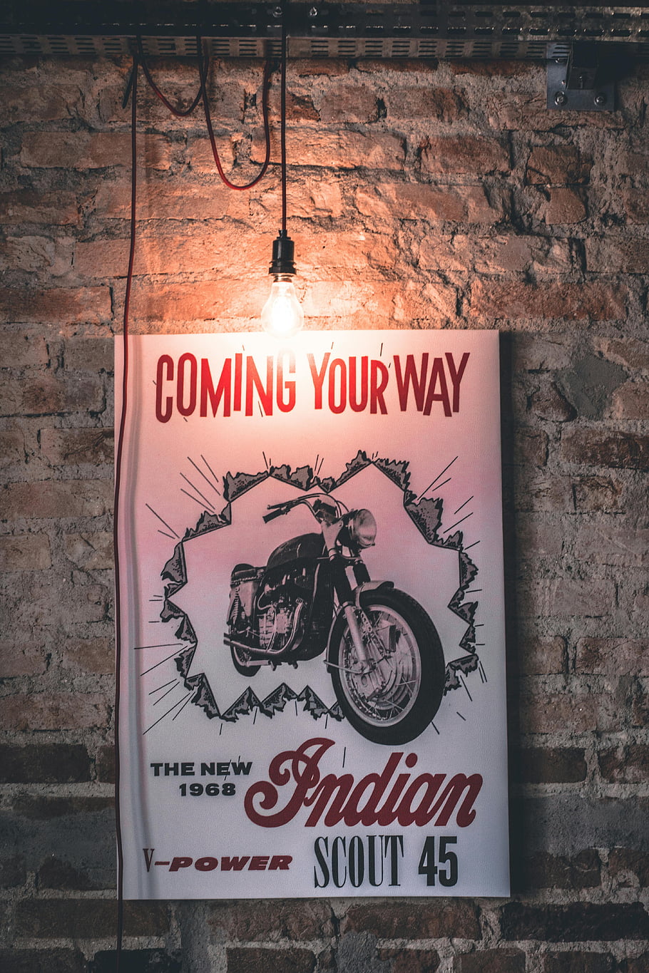 968 Indian Scout 45, V-power, retro motorcycle poster, vintage bulb, brick wall, Indian motorcycle, vintage signage, motorcycle advertisement, 1968 Scout 45, coming your way, Indian V-power