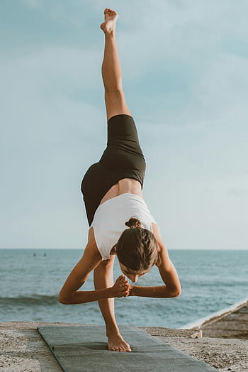 standing split, ocean, yoga, balance, flexibility, woman, calm sea, mat, beach, handstand, seaside