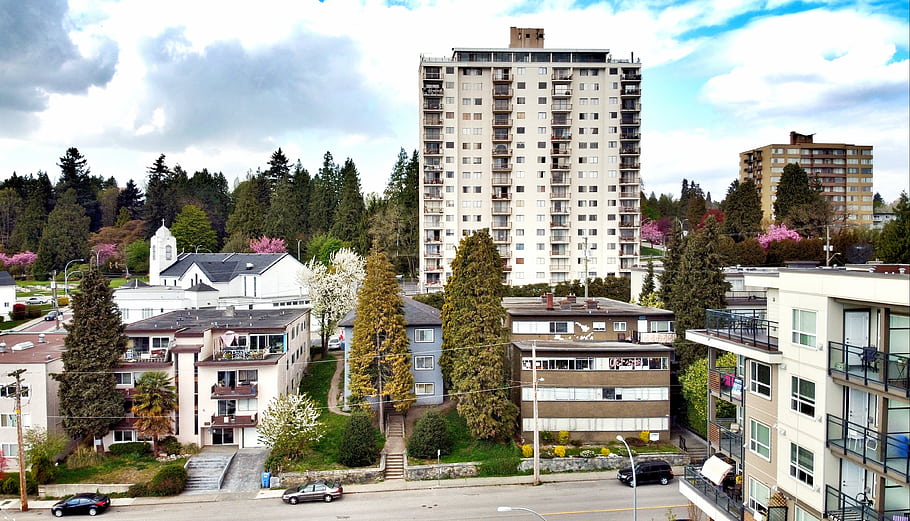 dji, mavic mini, trubec, nový westminster, před naším letopočtem, Britská Kolumbie, Kanada, bytových domů, stromy, panoráma města, nebe