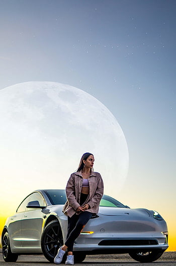 tesla, Auto, Frau, Autotapeten, Mond, Modell-, Mädchen, Pose, Automobil, Fahrzeug, Elektroauto