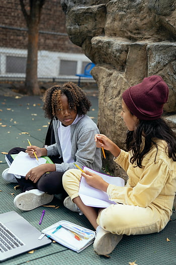 multiethnic schoolgirls, doing homework, collaborating, schoolwork, outdoors, focusing, assignments, teenage girls, studying together, education, outdoor learning