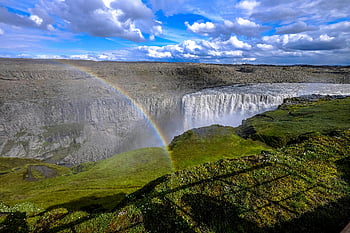 Dettifoss waterfall, Iceland, rainbow, bright sky, stunning view, natural beauty, landscape photography, waterfalls, scenic, outdoor, travel