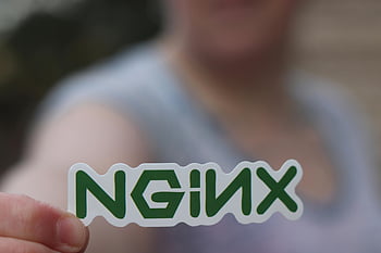 NGINX, sticker, green letters, person holding, close-up, blurred background, software, technology, web server, open source, logo