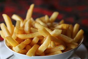 Fried Potatoes, crispy golden french fries, white bowl, tasty snack, delicious fries, snack food, potato fries, crispy potatoes, golden fries, bowl of fries, snack time