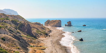landscape, beach, coast, landmark, morning, summer, nature, petra Tou Romiou, aphrodite's Rock, cyprus