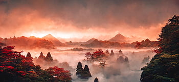 mountains, fantasy, fog, vista, sunset, landscape, nature, ai Generated