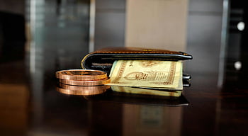 brown leather wallet, bifold wallet, banknotes, antique coins, luxury finance, money, coins, banknotes sticking out, financial wealth, vintage currency, wallet contents