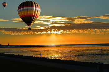 západ slunce, večerní atmosféru, horkovzdušný balón, balón, pobřeží Severního moře, Wadden moře, prázdnin, zábava, dobrodružství, vítr, horizont