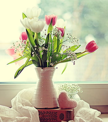 tulips, flowers, vase, bouquet, window, nature, window Sill, valentine's Day, flower Wallpaper, flower Background, heart