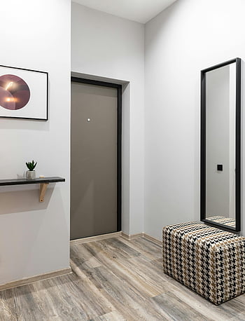interior design, corridoio, pavimenti in legno, arredamento minimalista, interni luminosi, spazio pulito, appartamento moderno, arredamento elegante, specchio a muro, Mensola galleggiante, piante d'appartamento
