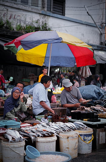 street vendors, selling fish, bustling street market, Jawa Barat, Indonesia, colorful umbrellas, diverse vendors, market scene, fresh fish, outdoor market, local market