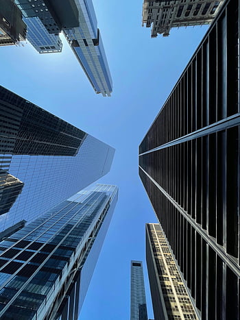 New York City, pilvenpiirtäjät, pieni kulma, kirkas sininen taivas, kaupunkiarkkitehtuuri, kaupunkikuvan, modernit rakennukset, ikoniset rakennukset, kaupungin siluetti, lasi-julkisivut