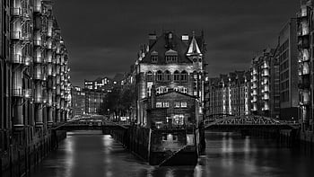 kanál, budova, Hamburg, Německo, Evropa, přístav, Flotila, architektura, černobílý, Příroda, předvečer