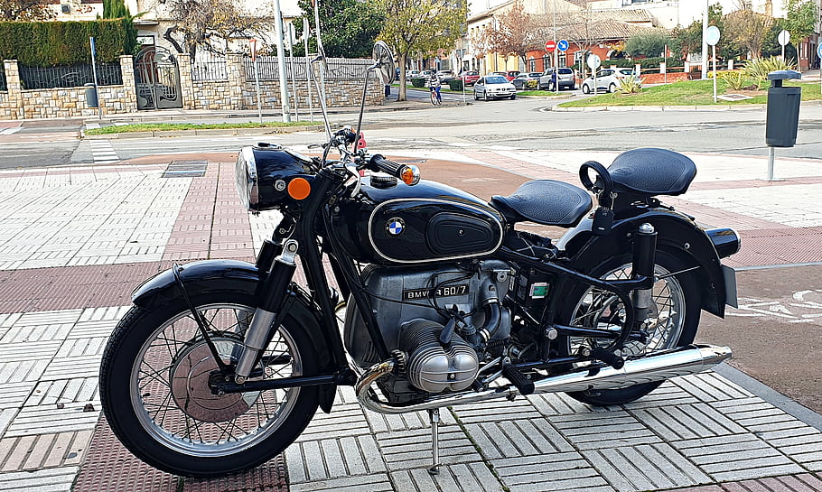 BMW, R-69/S, 모터, R-60/7, 오토바이, 포도 수확, 거리, 주차 된, 검은, 사이드카, 엔진