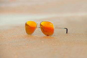 occhiali da sole ray ban, occhiali da sole da aviatore, Riflessione arancione, sabbia, atmosfera estiva, avvicinamento, spiaggia, caldo, all'aperto, moda, Accessori