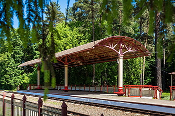 úzkorozchodná železnice, stanice, plošina, vlakové nádraží, budova, kolejnic, letní, železnice, hnutí, dráha, doprava