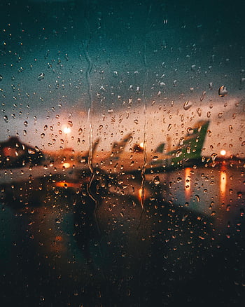 rain drops, airport, airplanes, dusk, rain-soaked window, blurry view, evening, travel, aviation, wet window, sunset