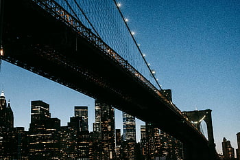 Brooklynský most, New York City, panoráma, svítí, visutý most, mrakodrapy, noc, světla města, soumrak, městský, architektura