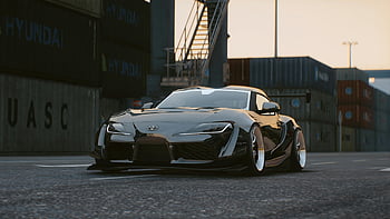 Black Toyota Supra, zaparkované auto, kontejnerový dvůr, během dne, stylové auto, černé auto, silnice, toyota supra, Přeprava kontejneru, venkovní scénu, vozidlo