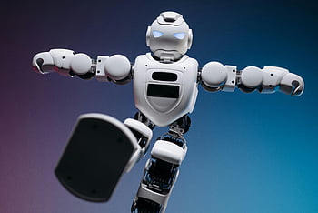 white toy robot, close-up shot, humanoid robot, modern robotics, innovation, blue background, pink background, robot in motion, close-up photography, futuristic design, technology showcase