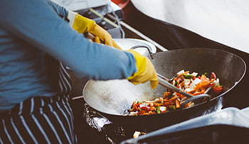 bucătar-șef, Se amestecă, legume, wok, vibrant, ingrediente proaspete, gătire, oțel inoxidabil, oală de gătit, bucătărie, prepararea mâncării