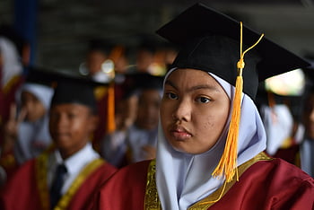 malajsie, studentů, promoce, základní škola, škola, nejistý, smutný, šťastný, oslava, malajsky, muslimský