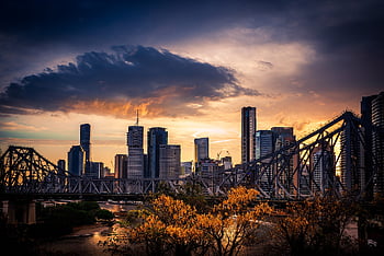 bybilledet, historie bro, skyskrabere, skyline, by-, bro, bygninger, arkitektur, solnedgang, skumring, tusmørke