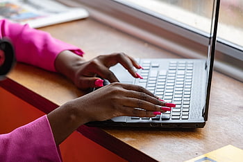 laptop, typing, working, pink, woman
