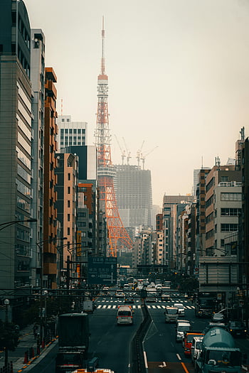tokyo tower, travl gade, Bustling Street, Trafik, bybilledet, urban scene, tokyo, japan, skyskrabere, byggekraner, Gade syn
