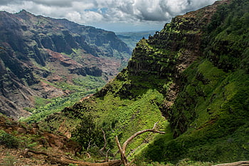 horské útesu, waimea kaňon, svěží krajina, živá krajina, dramatická obloha, kauai, hawaii, dechberoucí výhled, zelené údolí, Přírodní krásy, scénické krajiny