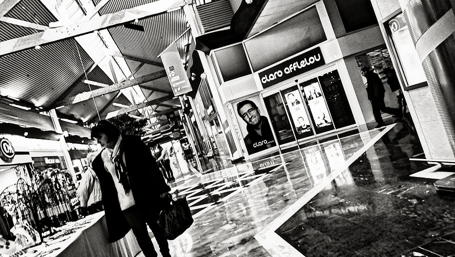 carrefour, Villier-en-Biere, Francie, ulice, černobílý, nakupování, nákupní centrum, odraz, lidé, Černý a bílý, architektura