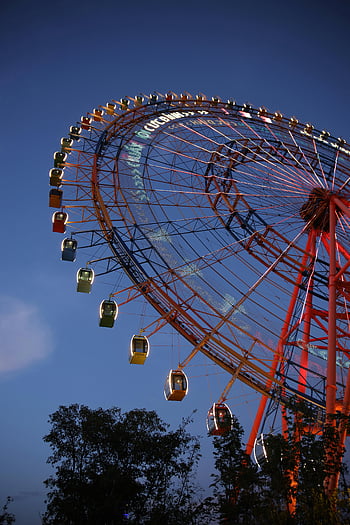 Red Ferris Wheel, Blue Sky, Illuminated Ferris wheel, Phu Quoc, Vietnam, deep blue sky, amusement park, night scene, outdoor attraction, travel destination, entertainment