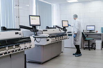 scientist, lab gown, modern laboratory, computer screen, interacting equipment, laboratory setting, lab technician, scientific research, laboratory technology, lab environment, touch screen
