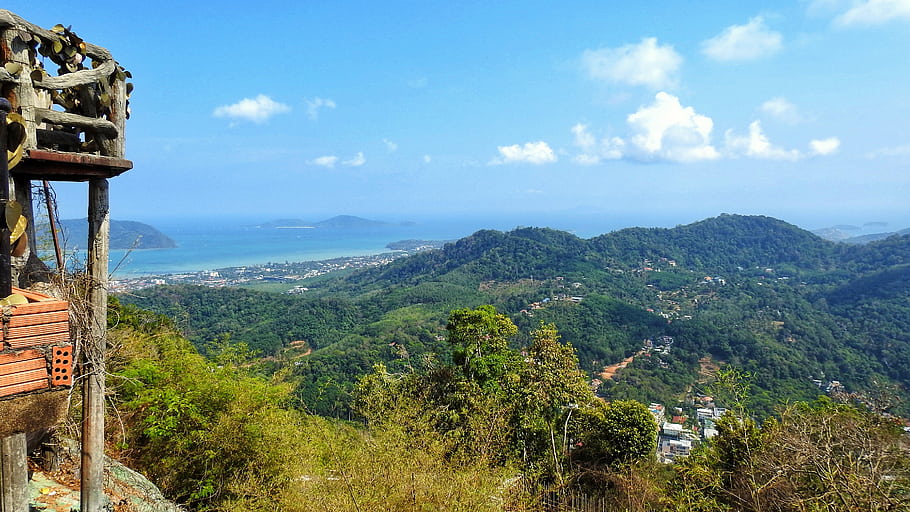 Phuket, Thailand, looking south, landscape, mountains, greenery, blue sky, clouds, coastal view, wooden structure, hilltop