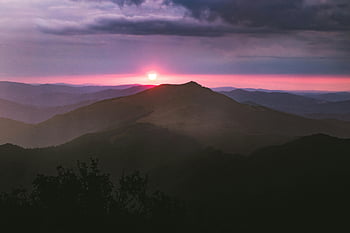 sunset, silhouette, trees, lookout mountain, Bieszczady Mountains, Poland, peaceful view, misty landscape, mountain range, nature scenery, purple sky