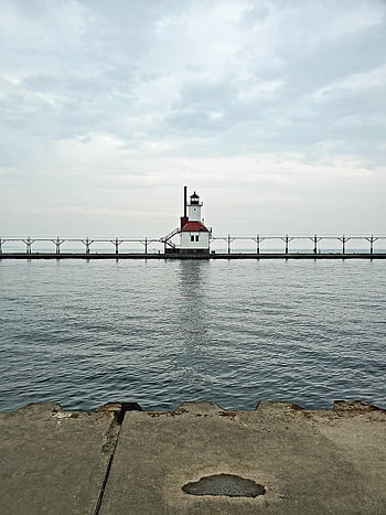 michigan, lighthouse, pier, lake, sky