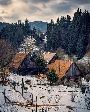 bergen, dorp, natuur, winter, huizen, hutten, sneeuw, ijs-, koude, besneeuwd, landschap