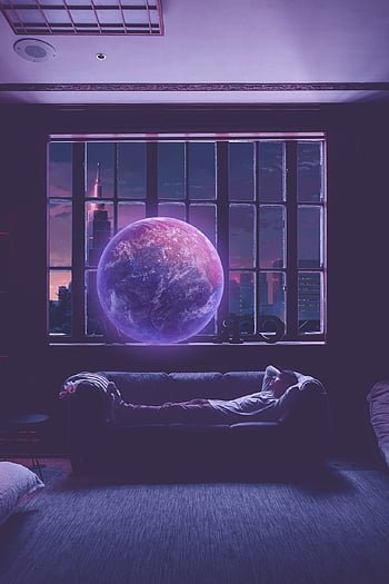 prostor, galaxie, manipulace, výhled na město, nebe, muž, Příroda, noční obloha, ležící, gauč, photoshop