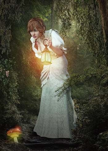 woman, fantasy, story, fiction, girl, young, beauty, white Dress, lamp, nature, light