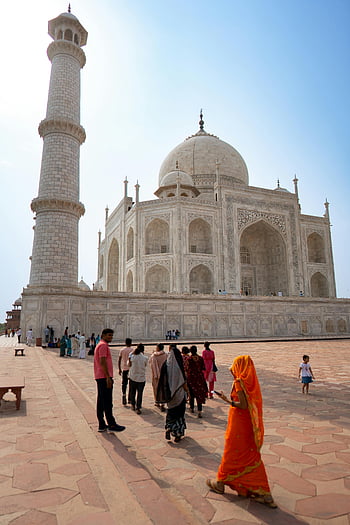 Taj Mahal, Agra, India, tourists, sunny day, majestic architecture, white marble, historical monument, travel destination, cultural landmark, minaret