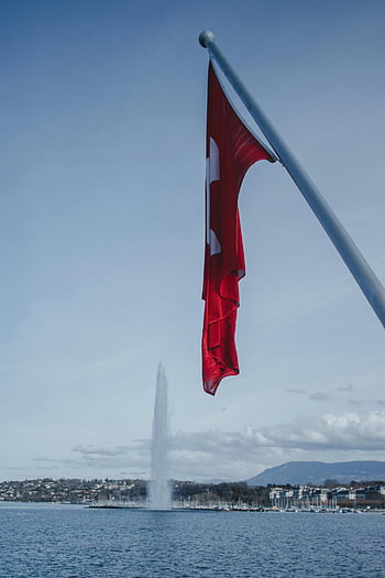 Geneva, Switzerland, Fountain, Jet d'Eau, Lake Geneva, Swiss flag, Swiss landmark, travel, captivating view, Swiss theme, water fountain