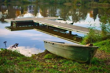 Boot, Investoren, Flussufer, Wasser, See, Anlegesteg, Netz, festmachen, Reflexion, Natur, Landschaft