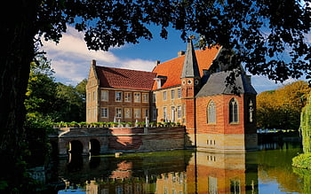 Zámek Hülshoff, hrad, havixbeck, Příroda, Německo, münsterland, mezník, historický, jezero, burg hülshoff, hradní příkop
