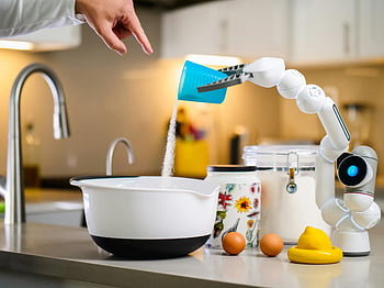 robot hand, pouring flour, white bowl, robot arm, baking, mixing bowl, modern kitchen, ingredients, kitchen counter, eggs, robot assistant