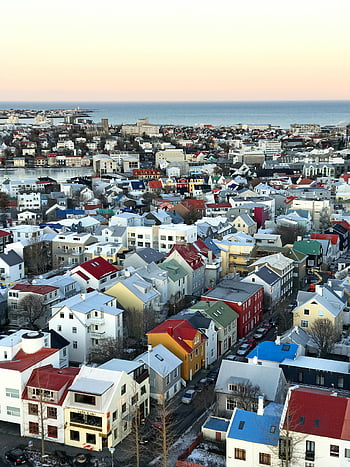 aerial view, Reykjavik, colorful houses, dawn, urban beauty, cityscape, Iceland, residential buildings, winter scene, coastal city, architecture