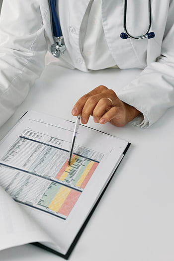 doctor, reviewing, chart, analyzing, patient, medical, insights, stethoscope, pen, data, points